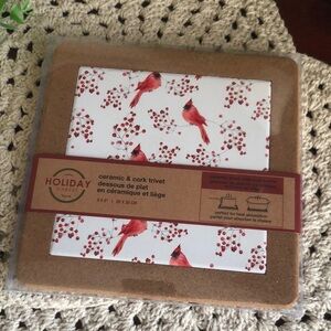 Ceramic & Cork Trivet with Red Cardinals
